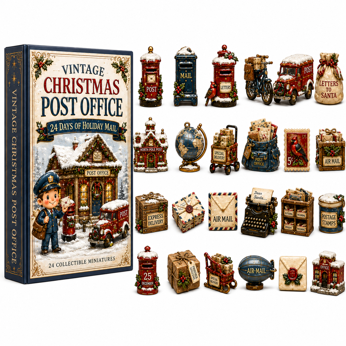 Vintage Christmas Post Office 24-Day Advent Calendar – 24 Collectible Miniatures