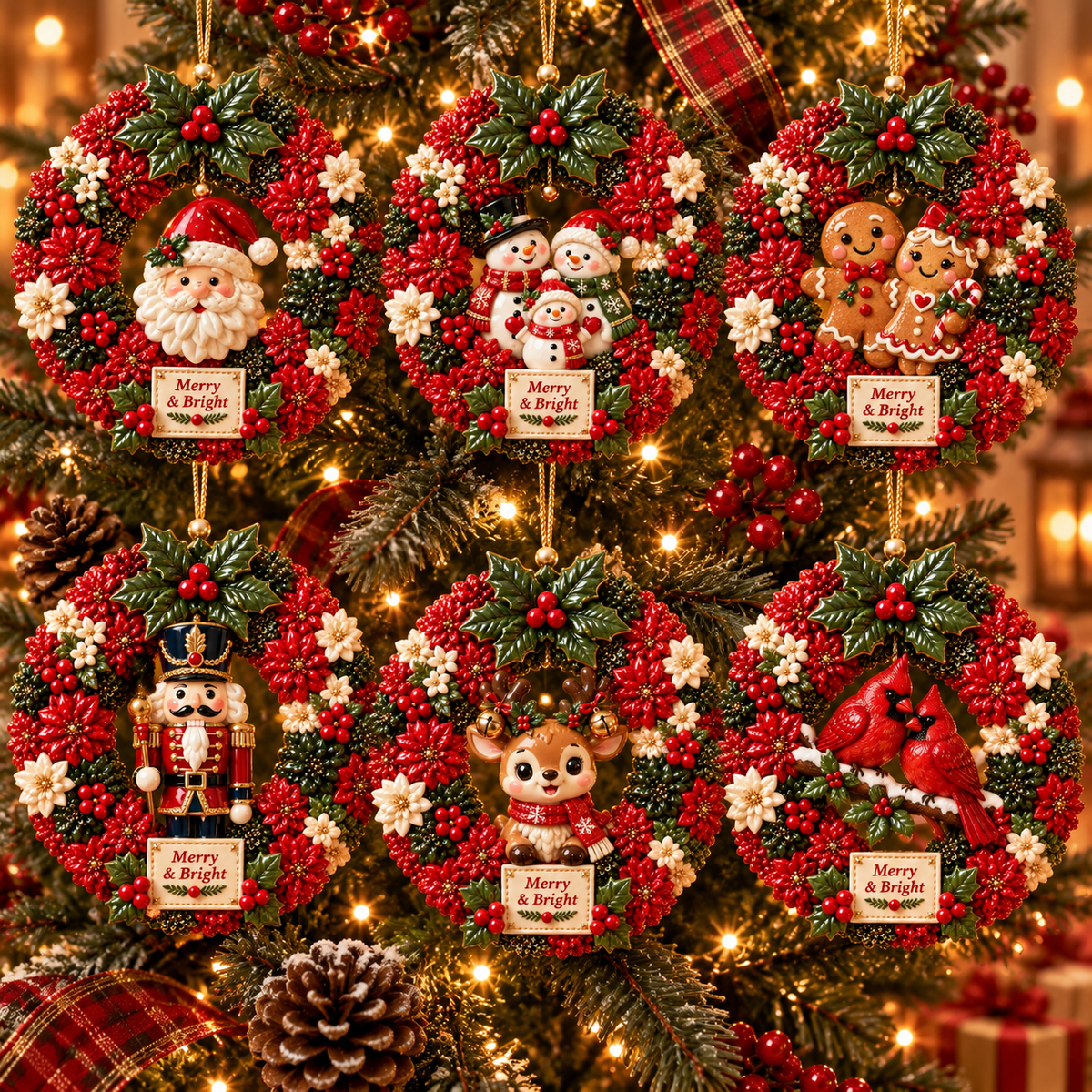 Merry & Bright Christmas Wreath Ornament Collection – 6-Piece  Santa, Snowman, Gingerbread, Nutcracker, Reindeer & Cardinal Christmas Tree Decorations | Festive Holiday Keepsake Gifts