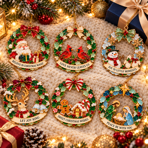 Christmas Wishes Wreath Ornaments – 6 Festive Designs in Stained Glass Style