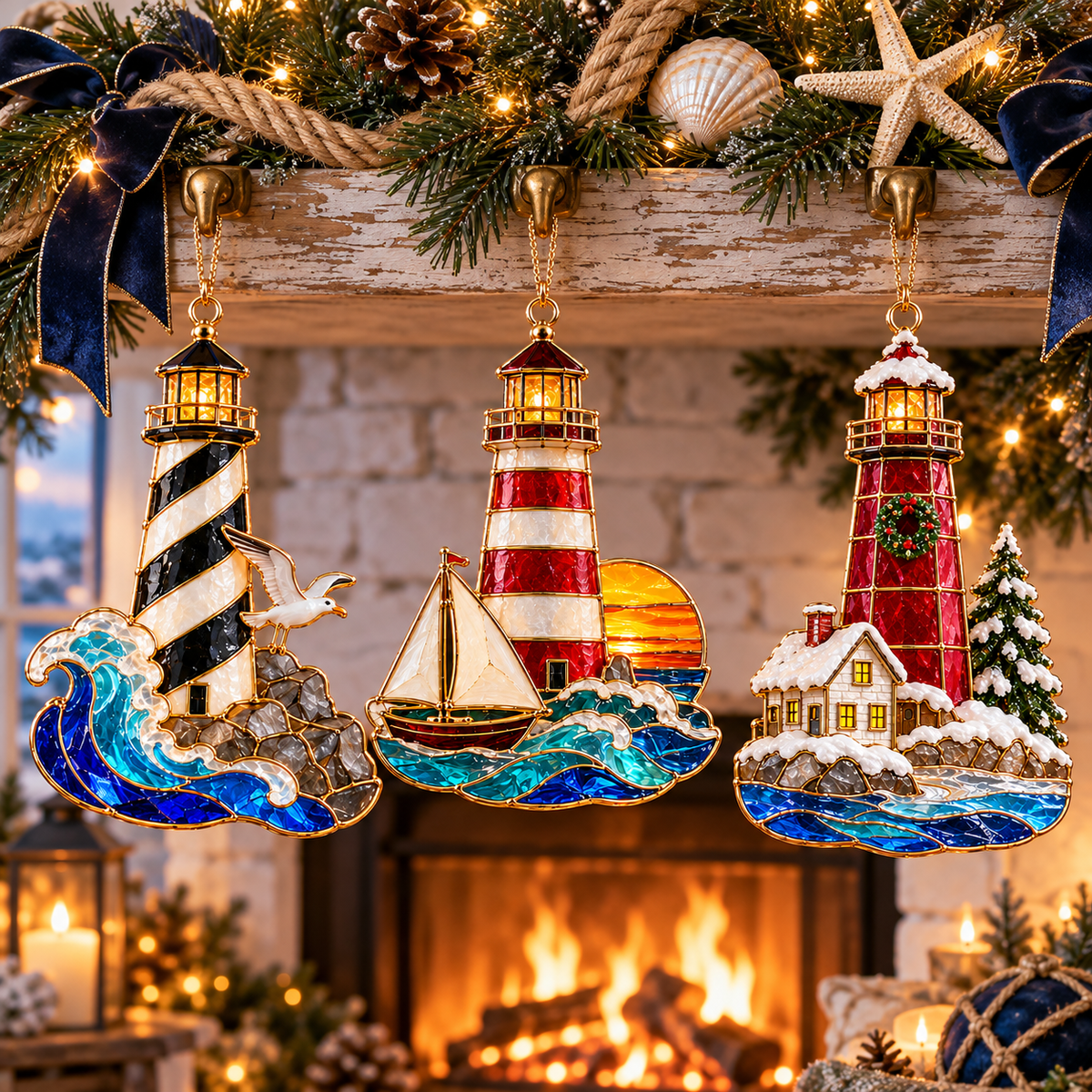 Coastal Lighthouse Christmas Ornaments – Vintage Stained Glass Style, Set of 6