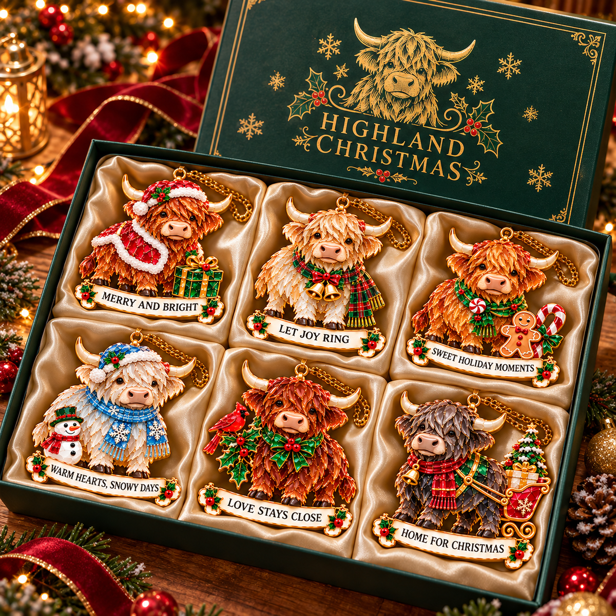 2026 Highland Cow Christmas Ornaments – 6 Festive Designs with Stained-Glass Charm & Heartwarming Wishes