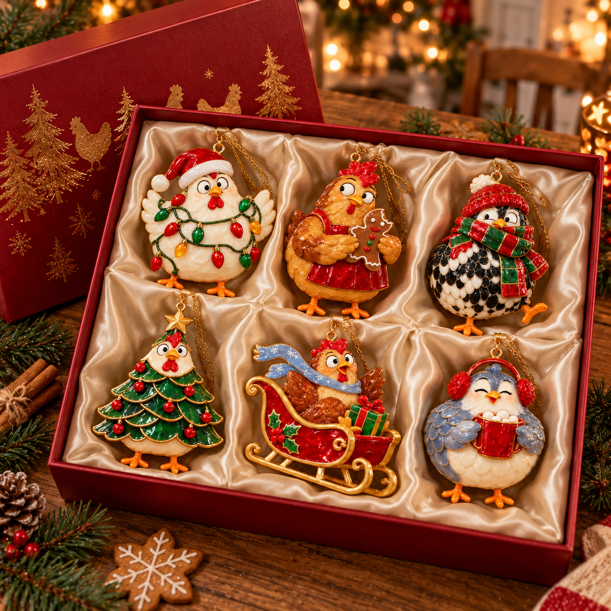 🐔 2026 Christmas Chicken Ornaments – Set of 6 Festive Farmhouse Holiday Keepsakes