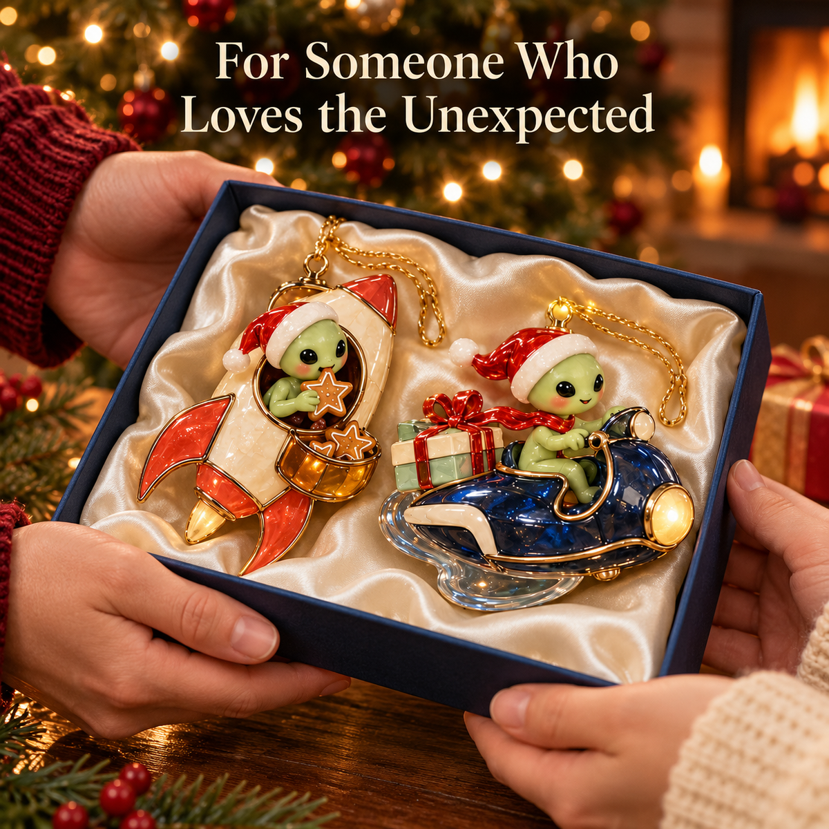 Two whimsical alien Christmas ornaments presented as a holiday gift