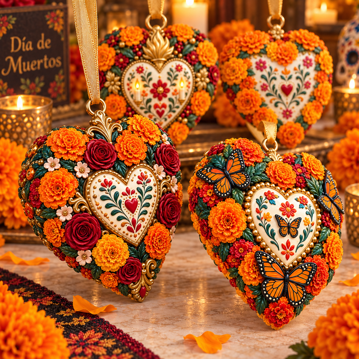 Día de Muertos Marigold Heart Ornament  – Floral Hanging Keepsake Collection, Meaningful Day of the Dead Gift for Family & Loved Ones