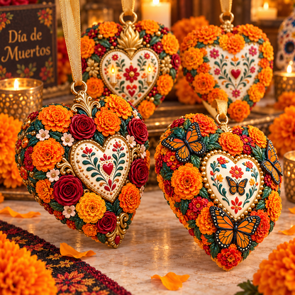 Día de Muertos Marigold Heart Ornament  – Floral Hanging Keepsake Collection, Meaningful Day of the Dead Gift for Family & Loved Ones