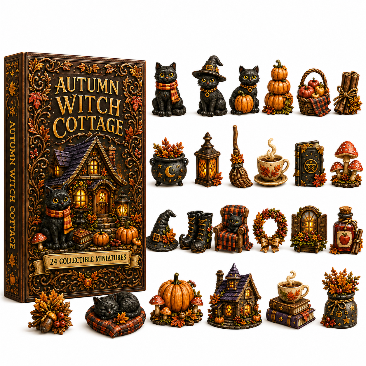 Autumn Witch Cottage Advent Calendar 2026 – 24 Cozy Witchy Miniatures, Black Cat Collectibles & Magical Fall Cottage Surprises, Acrylic Charms Blind Box