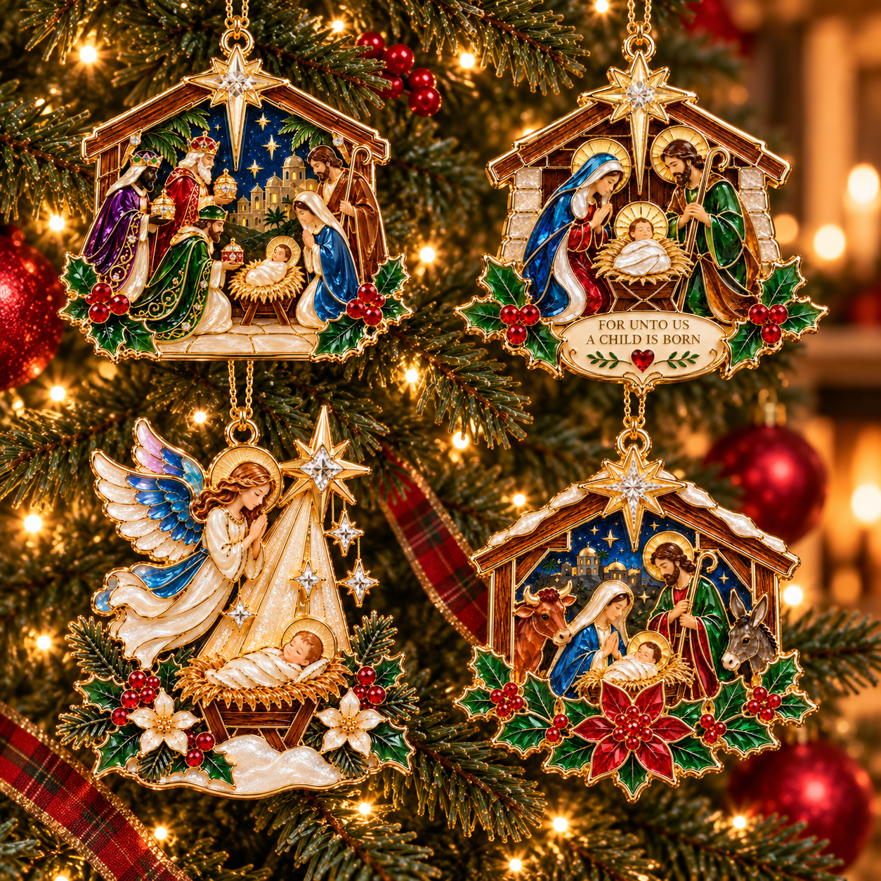 Christian Nativity Christmas Ornament Set – 4-Piece Holy Family, Three Wise Men & Angel Faith Keepsake Collection