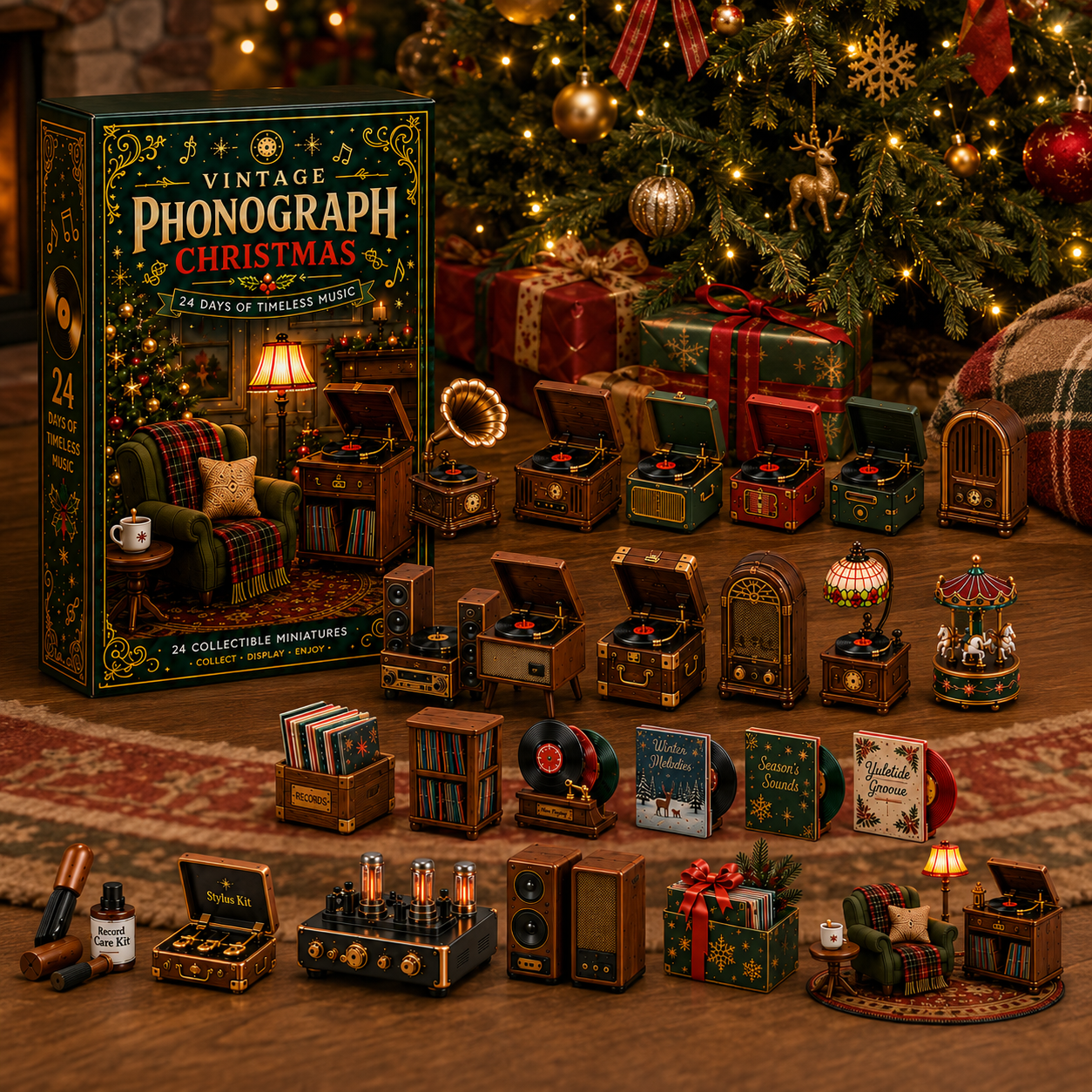 Vintage Phonograph Christmas Advent Calendar 2026 – 24 Days of Timeless Music Collectible Miniatures, Retro Record Player Countdown Gift for Music Lovers