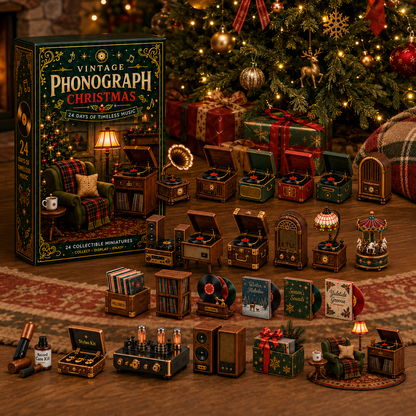 Vintage Phonograph Christmas Advent Calendar 2026 – 24 Days of Timeless Music Collectible Miniatures, Retro Record Player Countdown Gift for Music Lovers