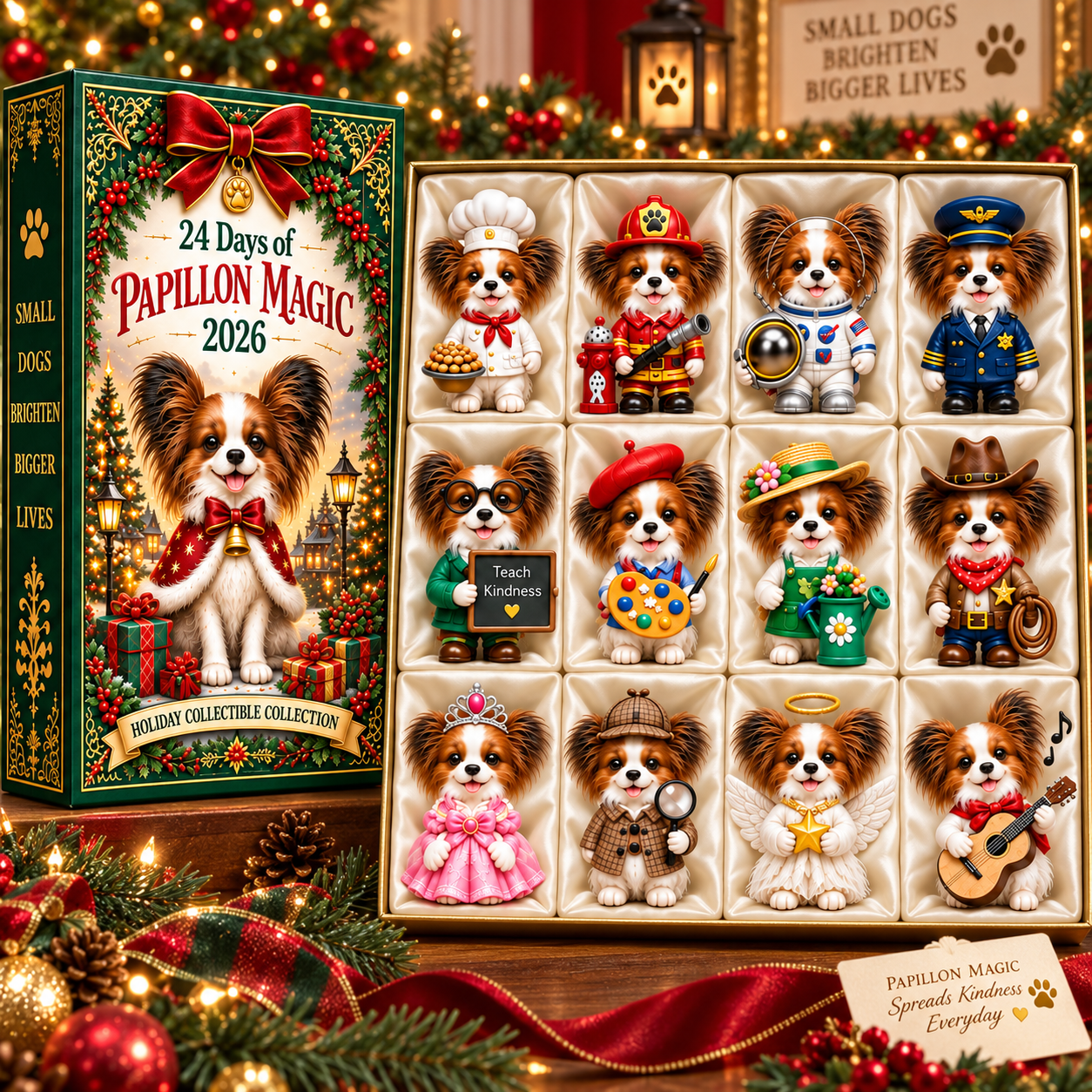 24 Days of Papillon Magic 2026 – 24-Day Christmas Countdown Calendar with 24 Unique Papillon Profession Miniatures, Holiday Collectible Gift for Dog Lovers