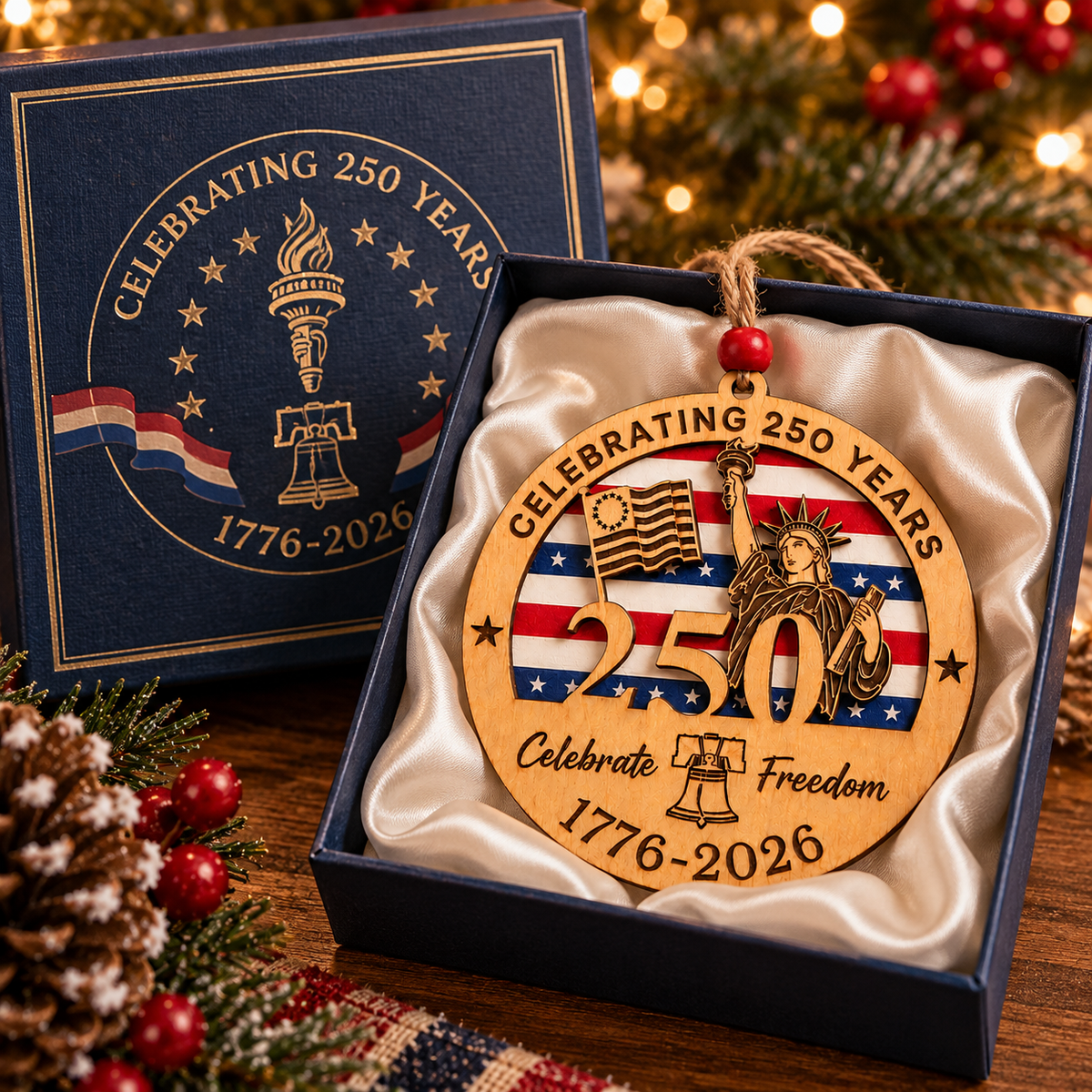 Celebrate Freedom 250th Anniversary Christmas Ornament –  Layered Wooden Patriotic Keepsake, 1776–2026