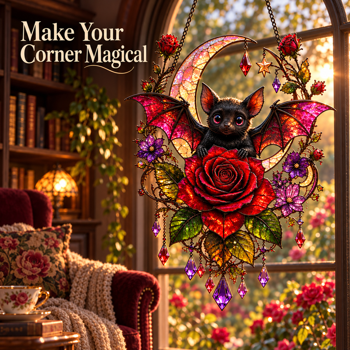 🦇 Midnight Romance – Bat, Crescent Moon & Rose Hanging Decor