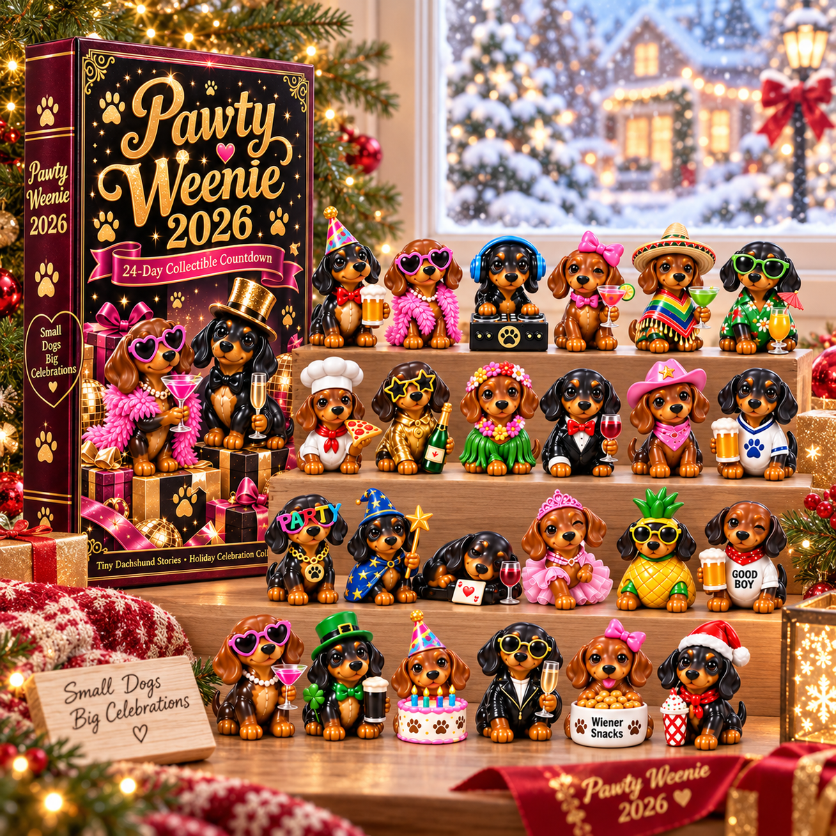 Pawty Weenie 2026 – 24-Day Dachshund Celebration Countdown Calendar with 24 Unique Collectible Miniatures, Fun Christmas Gift for Wiener Dog Lovers