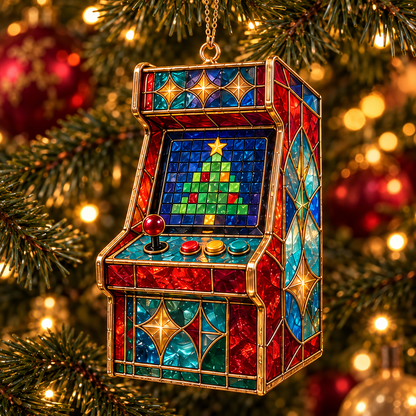 Level Up Your Christmas – 6-Piece Vintage Stained Glass Gaming Ornament Set