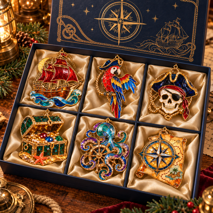 Pirate Adventures – Vintage Stained Glass-Style Christmas Ornaments, Set of 6