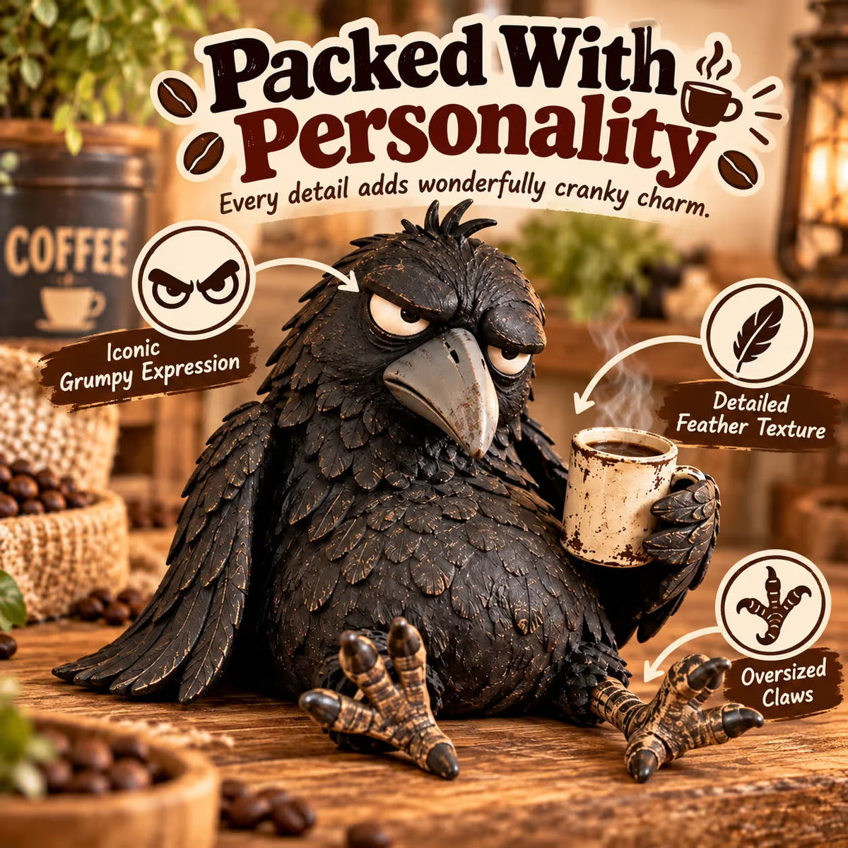 🖤 Rustic Vintage Raven Figurine with Coffee Mug – Grumpy Crow Farmhouse Tabletop Decor