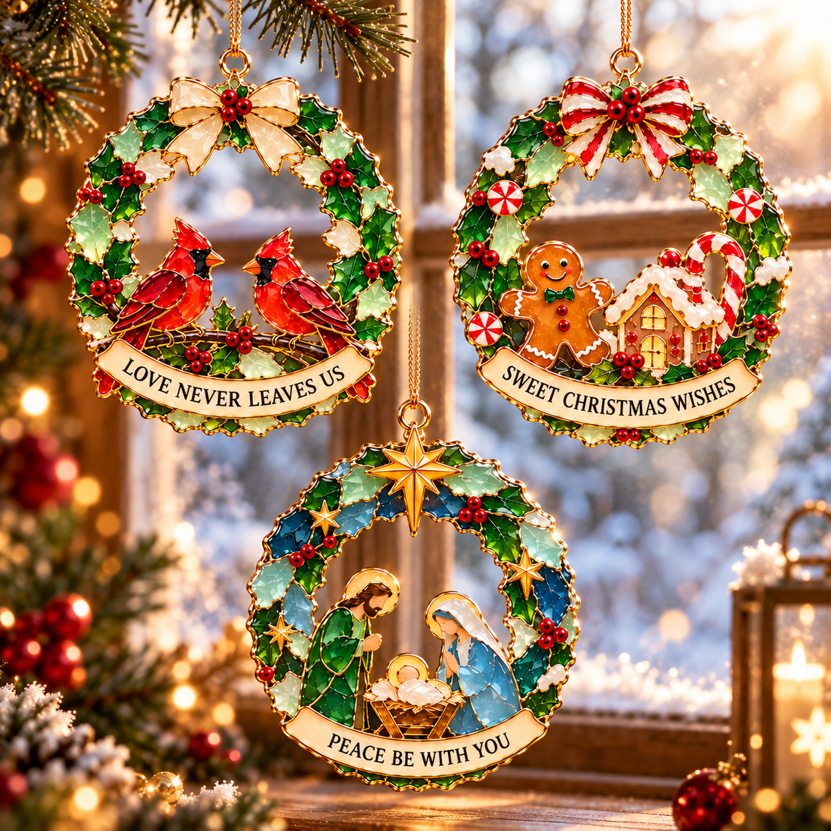 Christmas Wishes Wreath Ornaments – 6 Festive Designs in Stained Glass Style