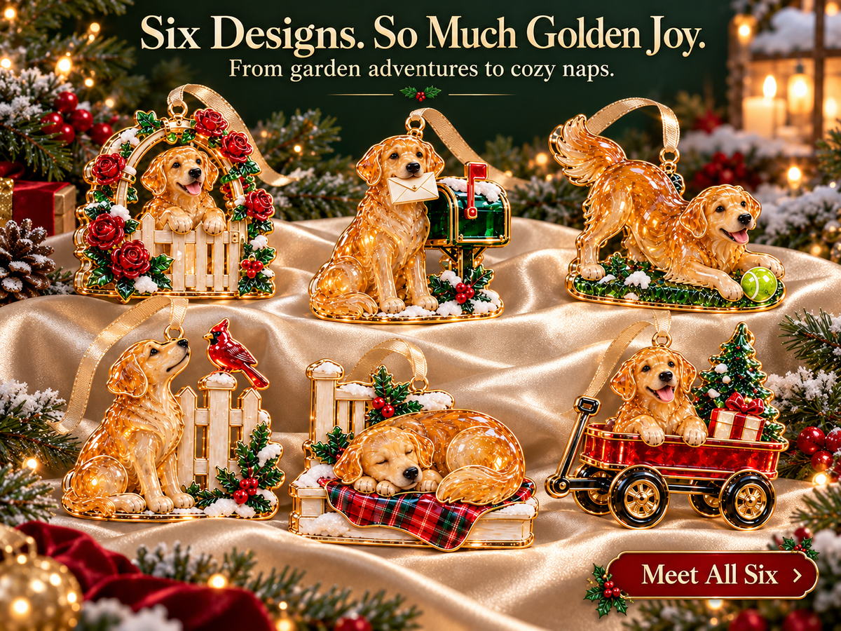 Six Golden Retriever holiday ornament personalities displayed together