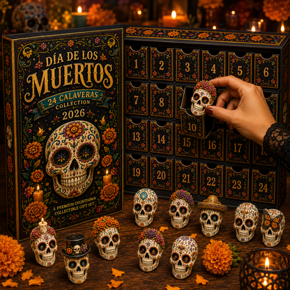 Dia de los Muertos 24-Day Advent Calendar – 24 Collectible Sugar Skull Figurines, Premium Day of the Dead Countdown Gift Set for Collectors & Holiday Lovers