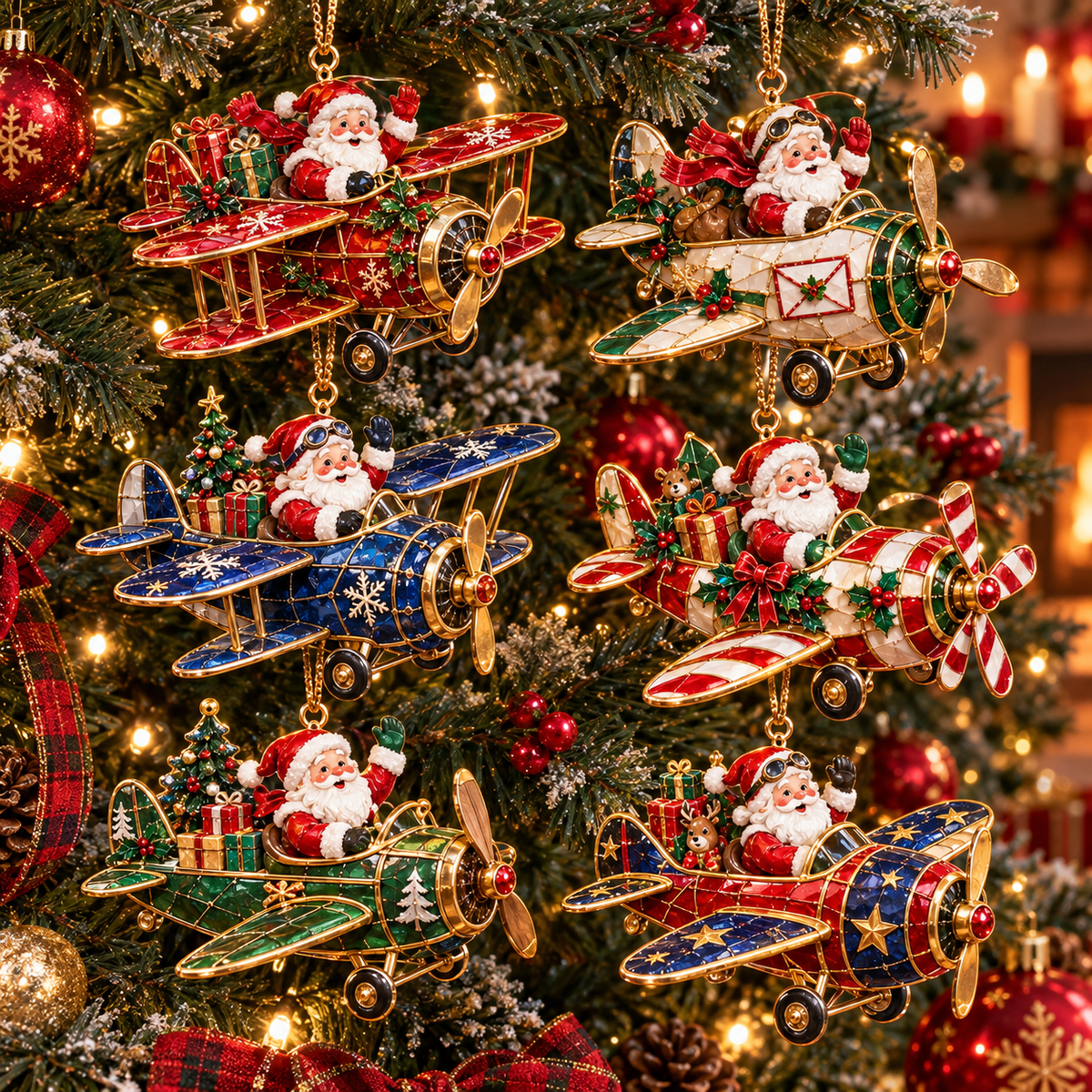 Santa’s Christmas Flight – 6-Piece Vintage Santa Airplane Ornaments Collection | Christmas Tree Decorations & Holiday Gift