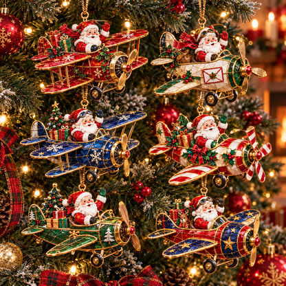 Santa’s Christmas Flight – 6-Piece Vintage Santa Airplane Ornaments Collection | Christmas Tree Decorations & Holiday Gift