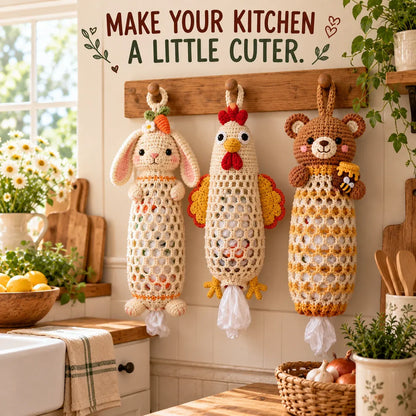 🔥LAST DAY 49% OFF – 🌼 Cottage Harvest KeepersTM — Crochet Animal Bag Holder DIY Kit | 11 Adorable Designs