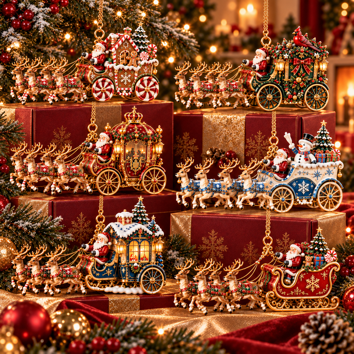 Santa’s Magical Christmas Journey – 6-Piece Vintage Reindeer Sleigh & Carriage Ornament Collection | Christmas Tree Decorations & Holiday Gifts