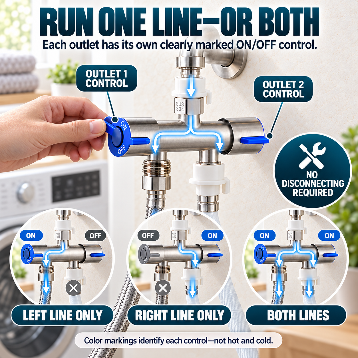 🚿 SUS 304 Dual-Control Faucet Splitter – 2-Way Hose & Washing Machine Adapter - image 3