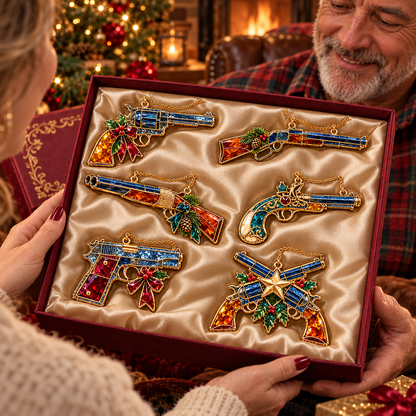 ✨ 2026 Vintage Stained Glass Firearms Christmas Ornaments – Set of 6 | Western Revolver, Cowboy Rifle, Shotgun & Pistol Hanging Decorations | Christmas Tree Ornaments & Unique Holiday Gifts for Gun Enthusiasts
