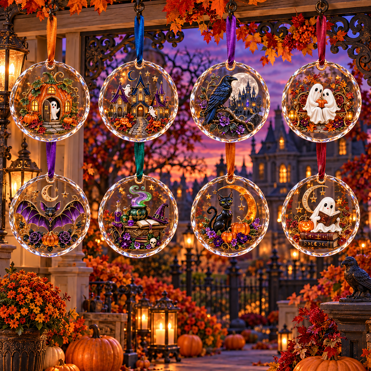 2026 Enchanted Halloween Hanging Ornaments – 8 Whimsical Designs with Ghosts, Black Cats & Moonlit Magic