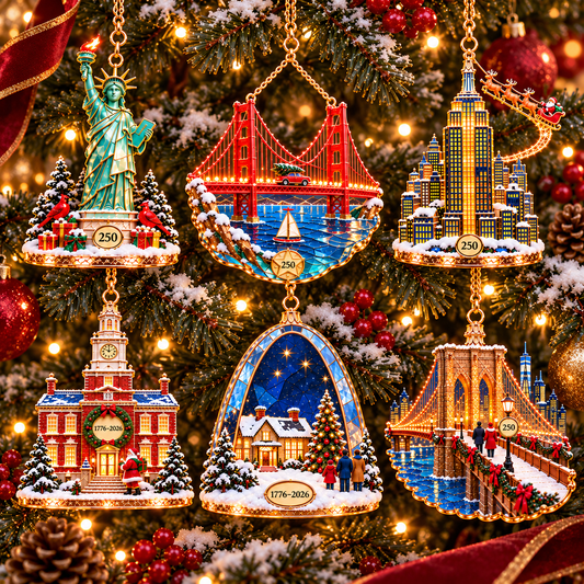 2026 Landmark Christmas Ornament Set – 6 Vintage Stained-Glass-Style Designs Celebrating 250 Years