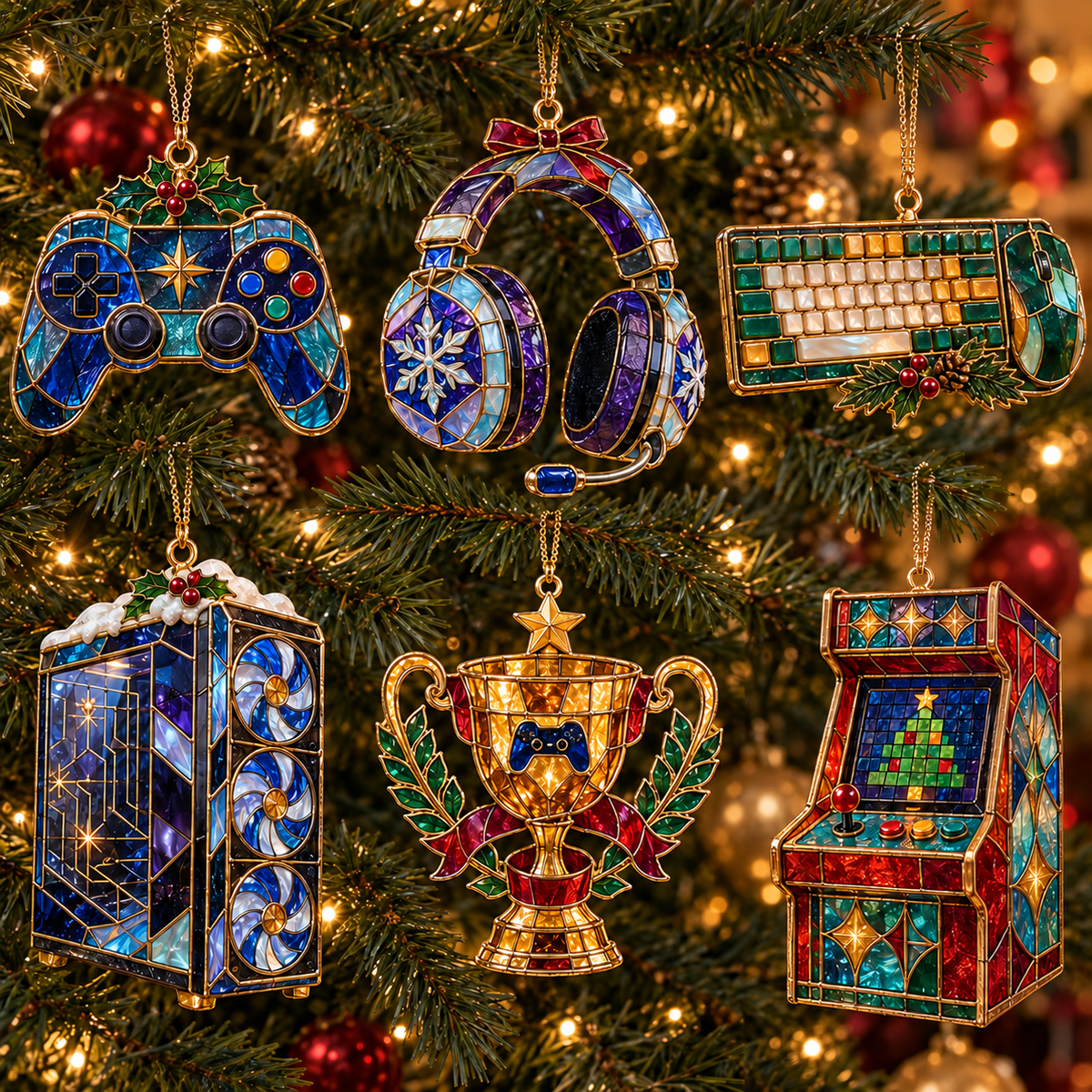Level Up Your Christmas – 6-Piece Vintage Stained Glass Gaming Ornament Set