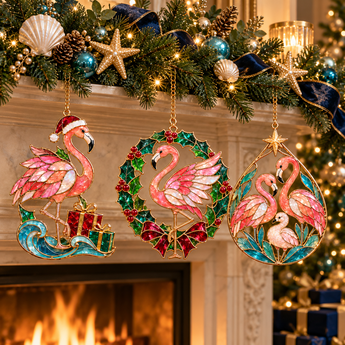 Coastal Christmas Flamingo Ornaments – Vintage Stained-Glass Style, 6-Piece Set