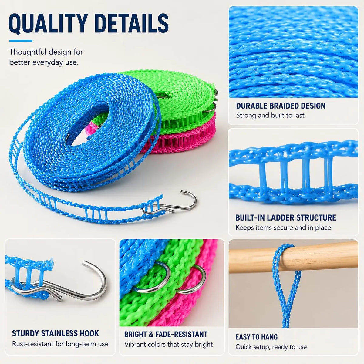 3 Roll Portable Clothesline – 196.85 Inch Adjustable Laundry Line, Windproof & Non-Slip⛺ - image 3