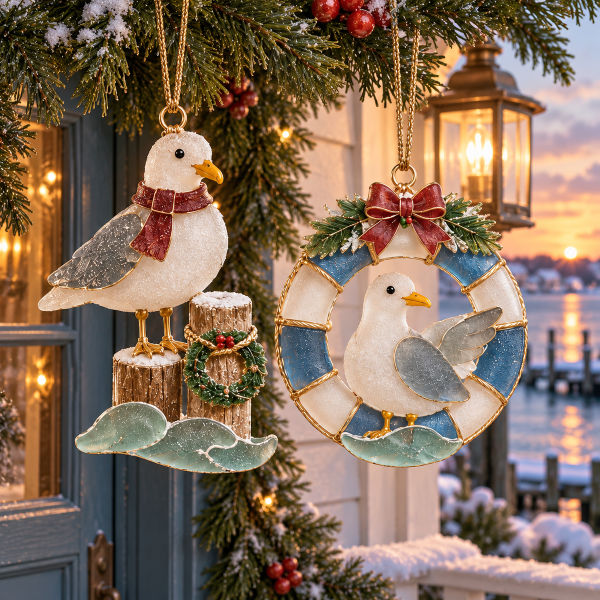 🌊 2026 Coastal Christmas Seabird Ornaments – Set of 6 Festive Seagull & Pelican Keepsakes