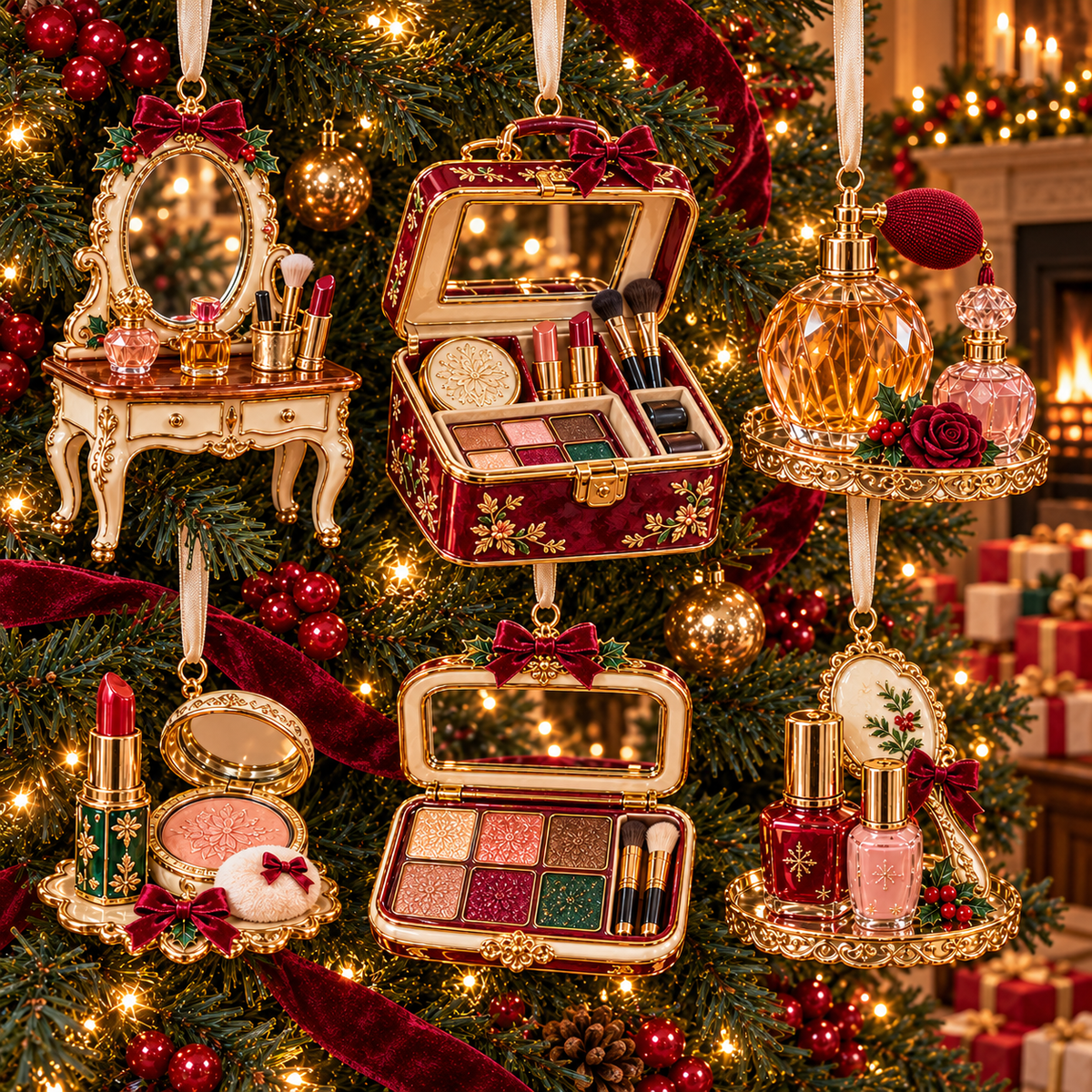 Vintage Glamour Christmas Ornaments – 6 Elegant Makeup & Beauty-Themed Holiday Decorations | Perfect Christmas Gifts for Makeup Lovers & Beauty Enthusiasts 🎄💄✨