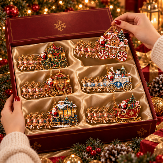 Santa’s Magical Christmas Journey – 6-Piece Vintage Reindeer Sleigh & Carriage Ornament Collection | Christmas Tree Decorations & Holiday Gifts