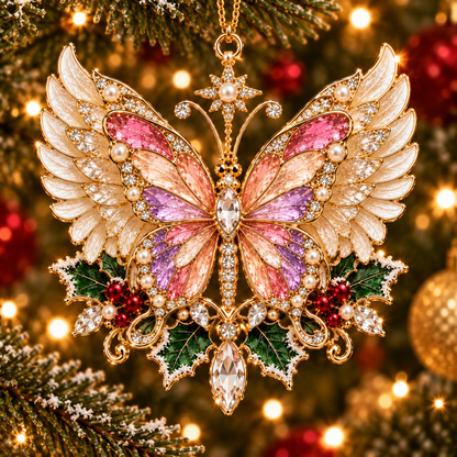 Butterfly Christmas Ornament  –  Elegant Holiday Keepsake Collection, Poinsettia & Rose Christmas Gift for Mom, Grandma & Butterfly Lovers