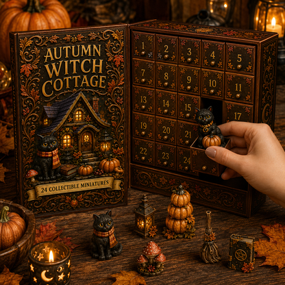 Autumn Witch Cottage Advent Calendar 2026 – 24 Cozy Witchy Miniatures, Black Cat Collectibles & Magical Fall Cottage Surprises, Acrylic Charms Blind Box