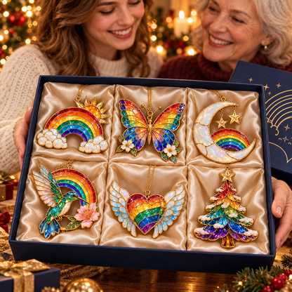 🎄 2026 Magical Rainbow Stained Glass Christmas Ornaments – Set of 6 | Rainbow, Butterfly, Crescent Moon, Hummingbird, Angel Wings Heart & Christmas Tree Hanging Decorations | Colorful Holiday Gifts