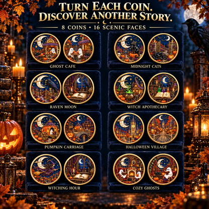 2026 Enchanted Halloween Collectible Coins – 8 Double-Sided Designs with Witches, Ghosts & Moonlit Villages