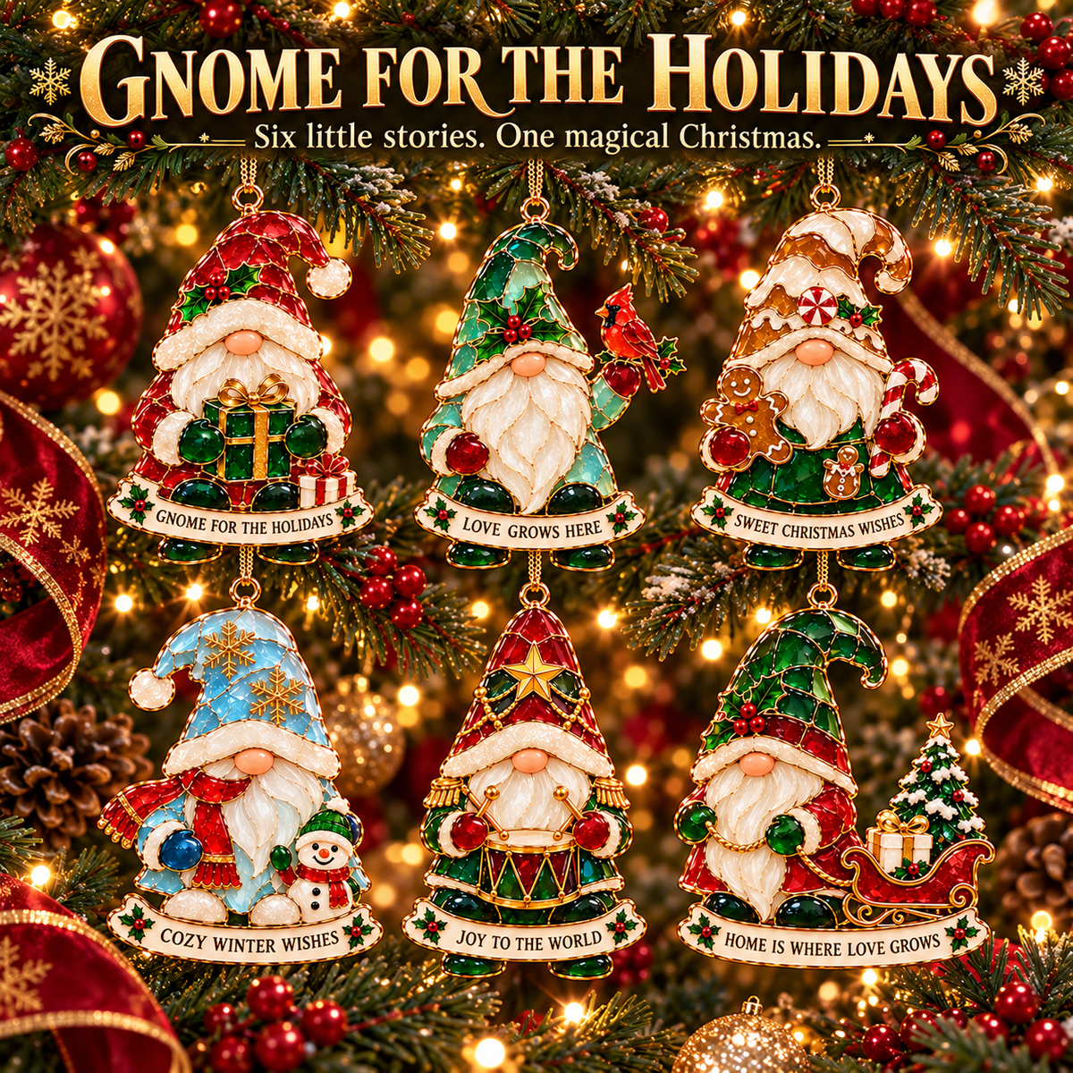 Gnome for the Holidays – 6-Piece Stained Glass–Style Christmas Ornament Set with Heartwarming Wishes