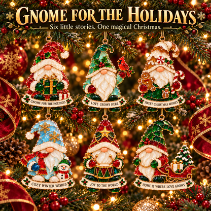 Gnome for the Holidays – 6-Piece Stained Glass–Style Christmas Ornament Set with Heartwarming Wishes