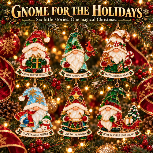 Gnome for the Holidays – 6-Piece Stained Glass–Style Christmas Ornament Set with Heartwarming Wishes