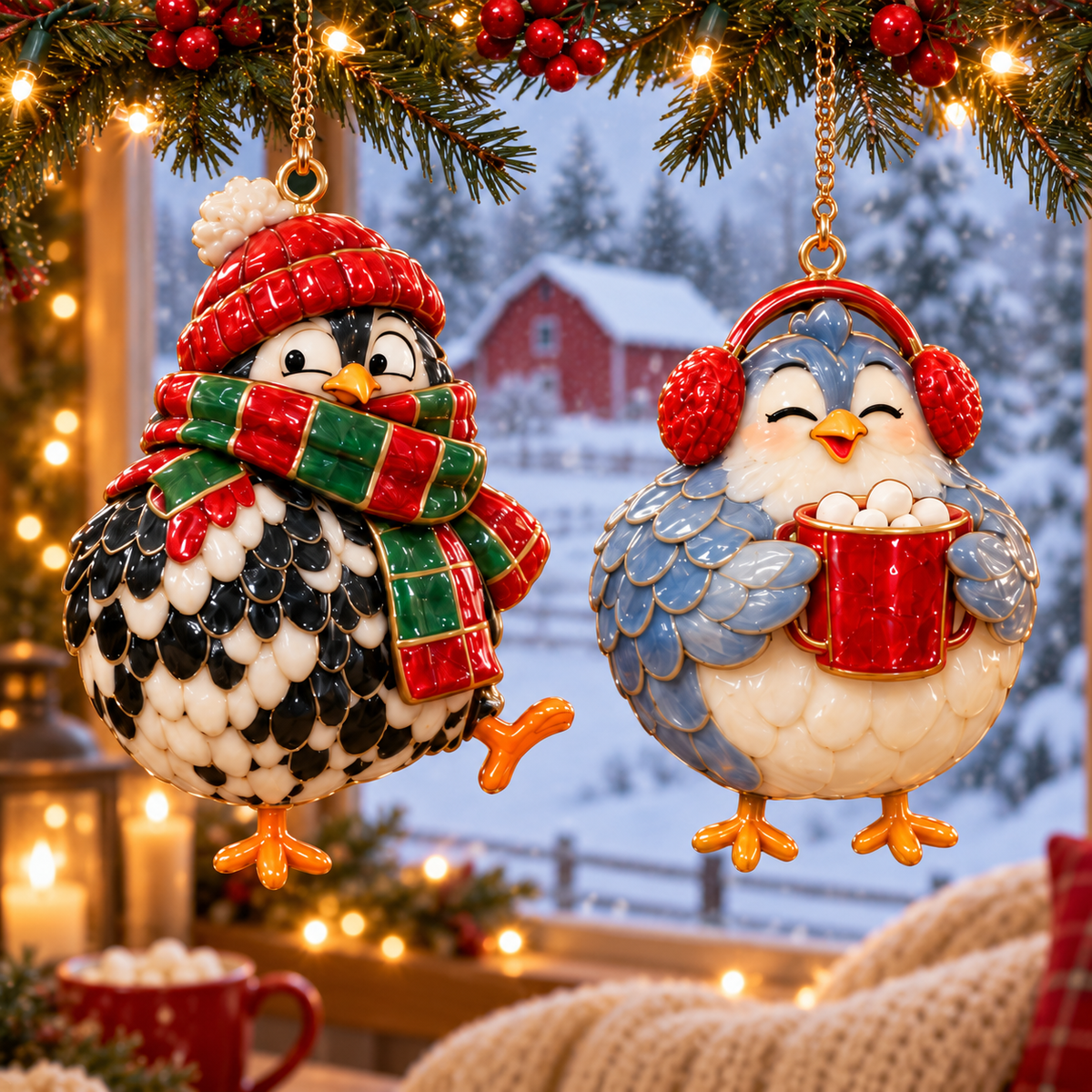 🐔 2026 Christmas Chicken Ornaments – Set of 6 Festive Farmhouse Holiday Keepsakes