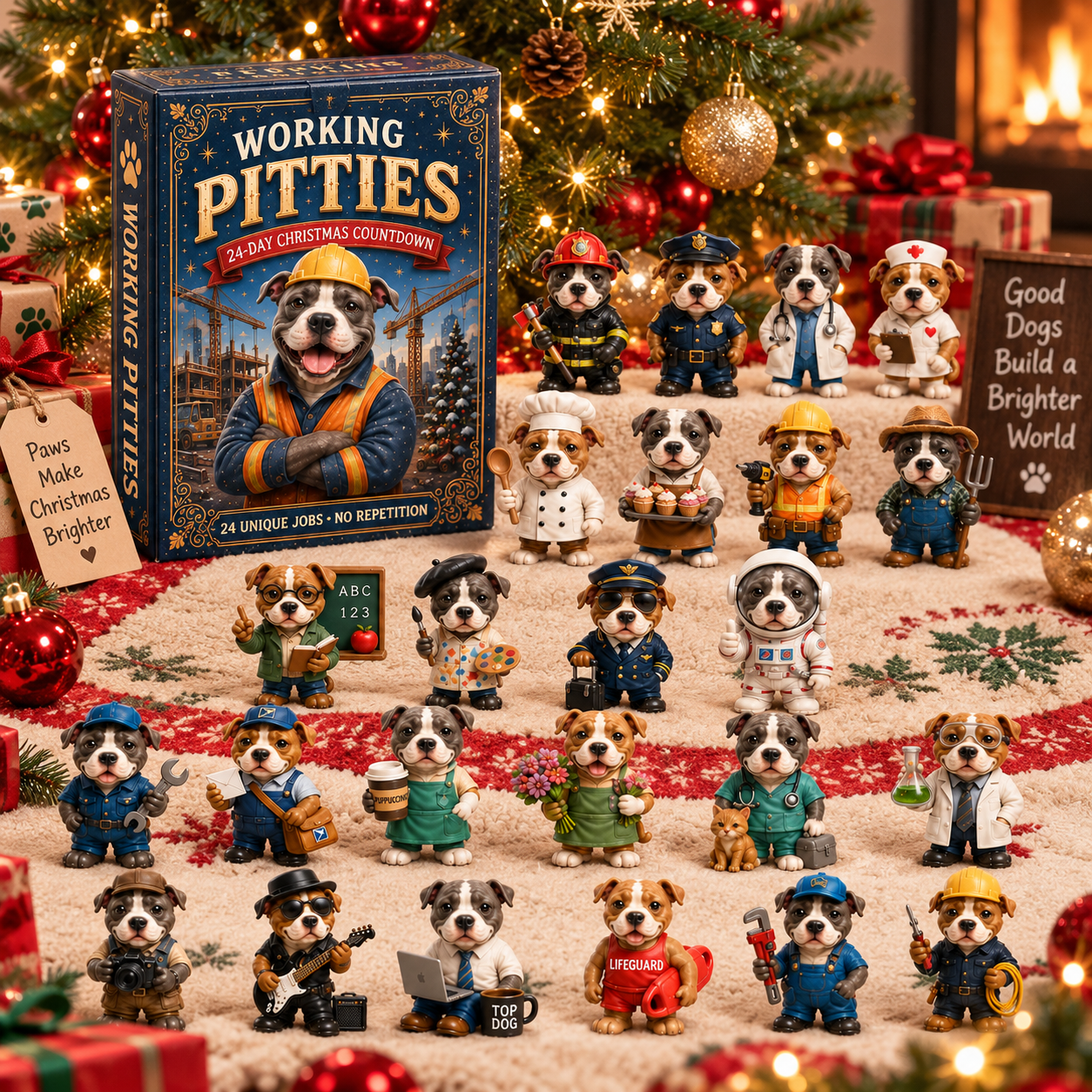 2026 Working Pitties 24-Day Christmas Countdown Calendar – 24 Unique Career Pit Bull Miniatures, Funny Working Dog Collector’s Gift for Pittie Lovers