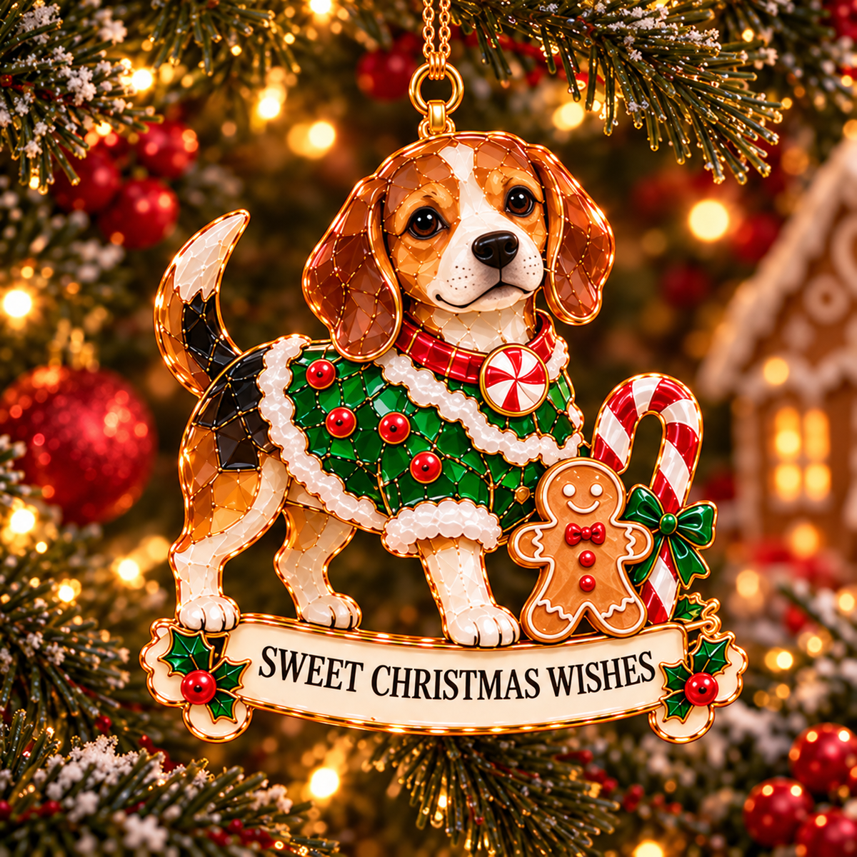 2026 Beagle Christmas Ornament Gift Set – 6 Festive Designs with Stained Glass Style & Heartwarming Wishes