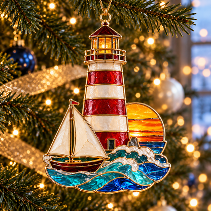 Coastal Lighthouse Christmas Ornaments – Vintage Stained Glass Style, Set of 6
