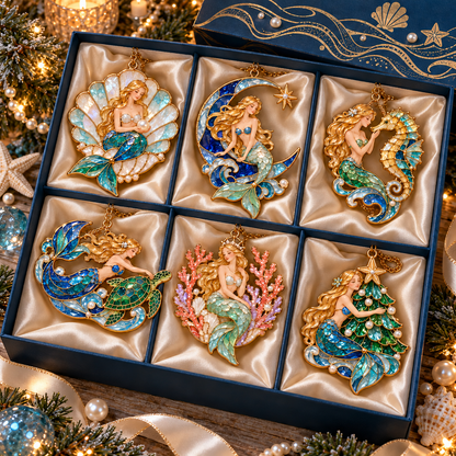 Ocean Enchantment – Vintage Stained-Glass Style Mermaid Christmas Ornaments, Set of 6