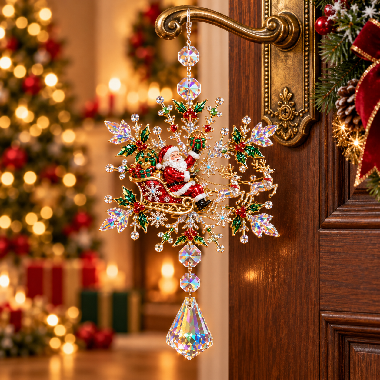 2026 Santa Sleigh Crystal Snowflake Ornament – Sparkling Reindeer & Holly Christmas Suncatcher, Elegant Holiday Tree Decoration & Keepsake Gift